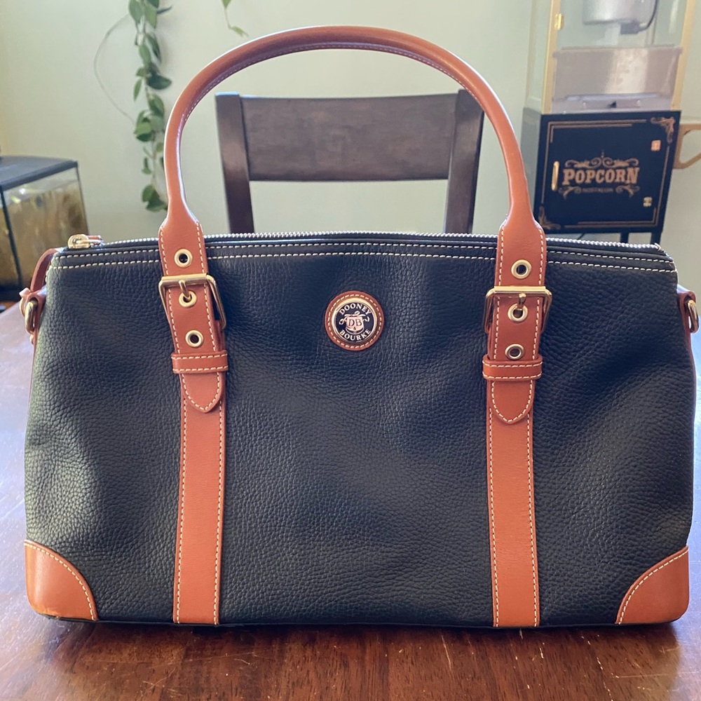Dooney & Bourke Black Pebbled Leather Satchel Purse w/Tan Straps